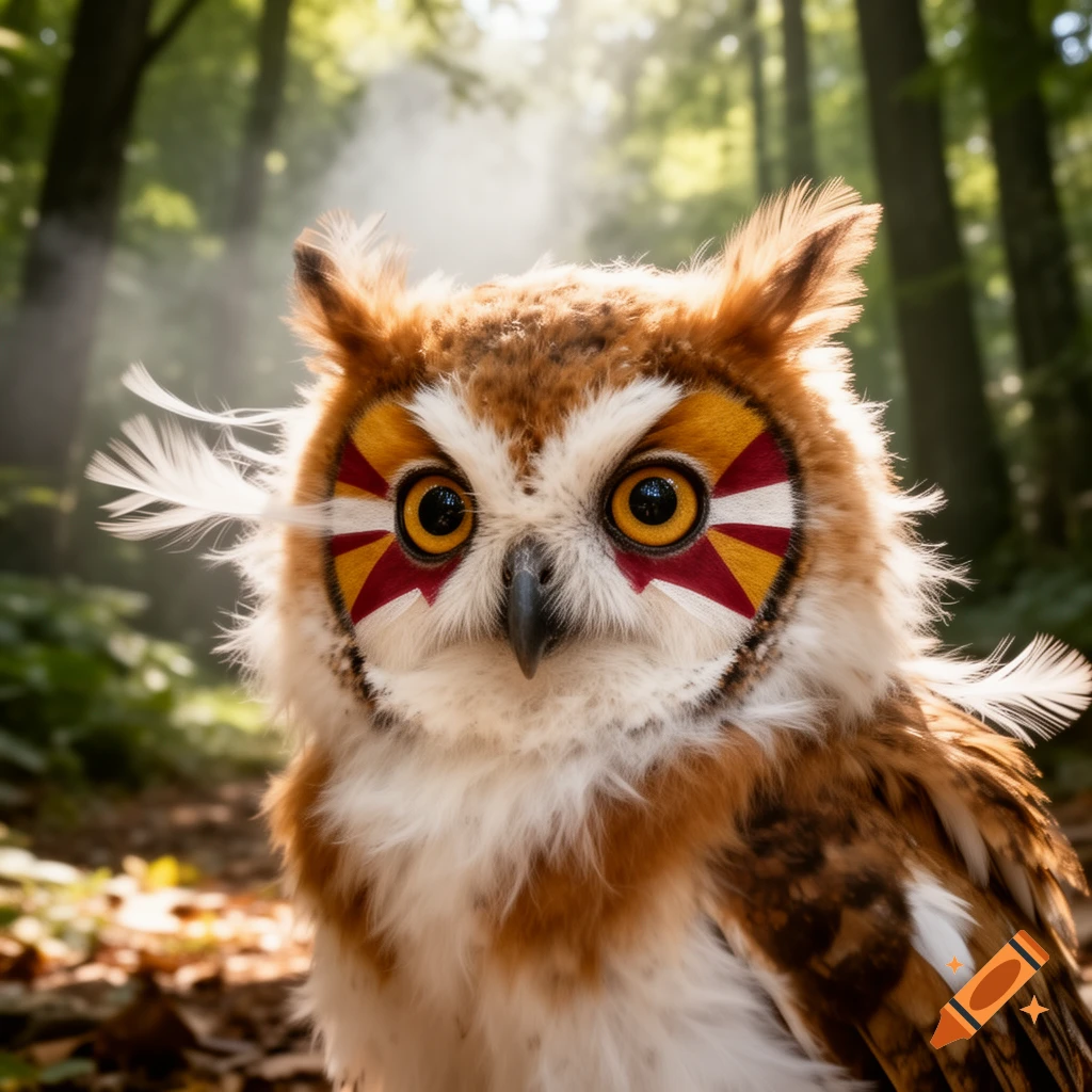 A fluffy brown and white owl with large yellow eyes and red and yellow war paint on its face, looking forward in a sunlit forest.