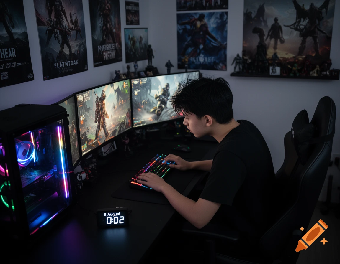 A young person at a gaming desk with three monitors and RGB lighting, playing video games in a dim room. A clock shows '6 August 0:02'.