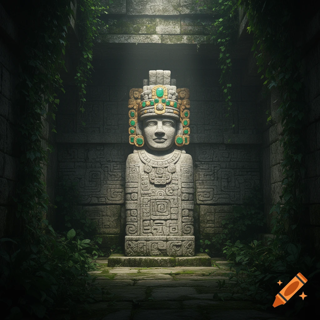 A large stone statue with a gold and emerald headdress stands in a dimly lit, vine-covered jungle ruin.