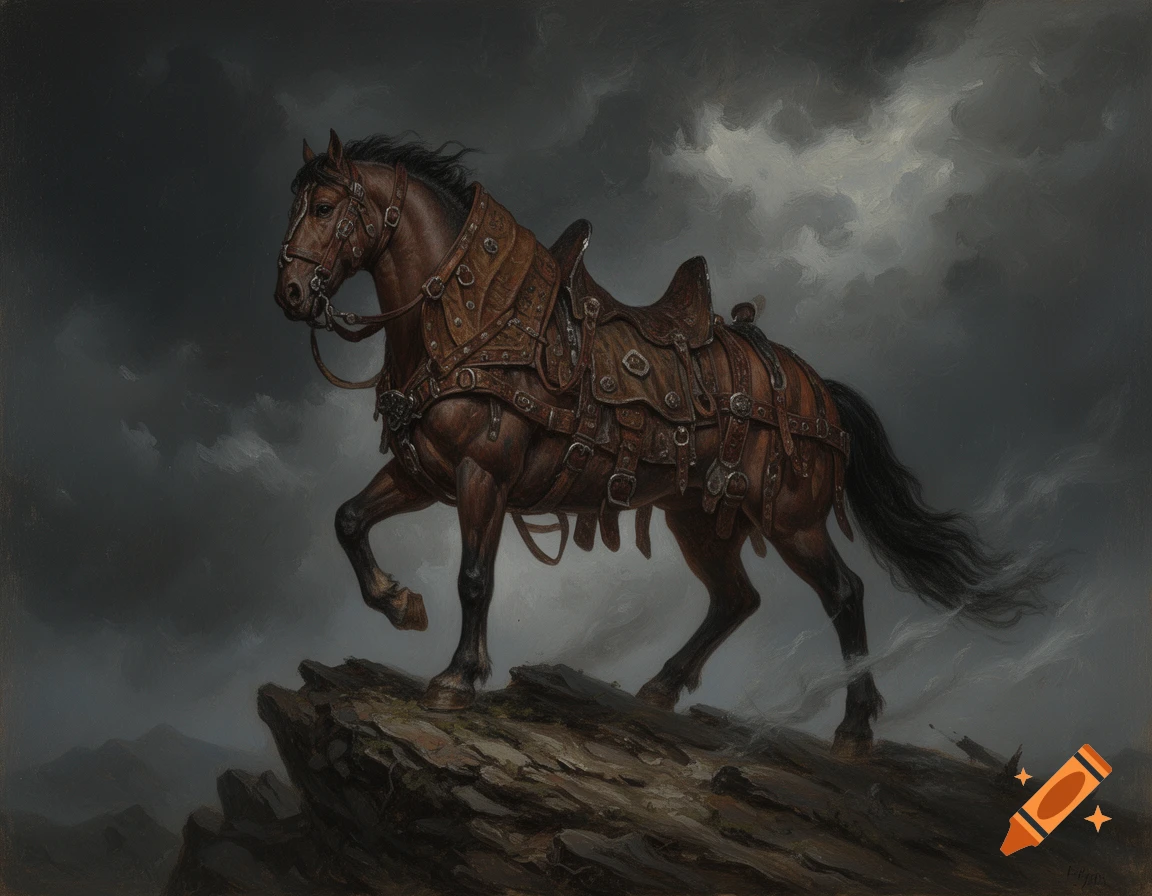 A dramatic oil painting of a warhorse in elaborate leather tack standing on a rocky cliff under a stormy sky.