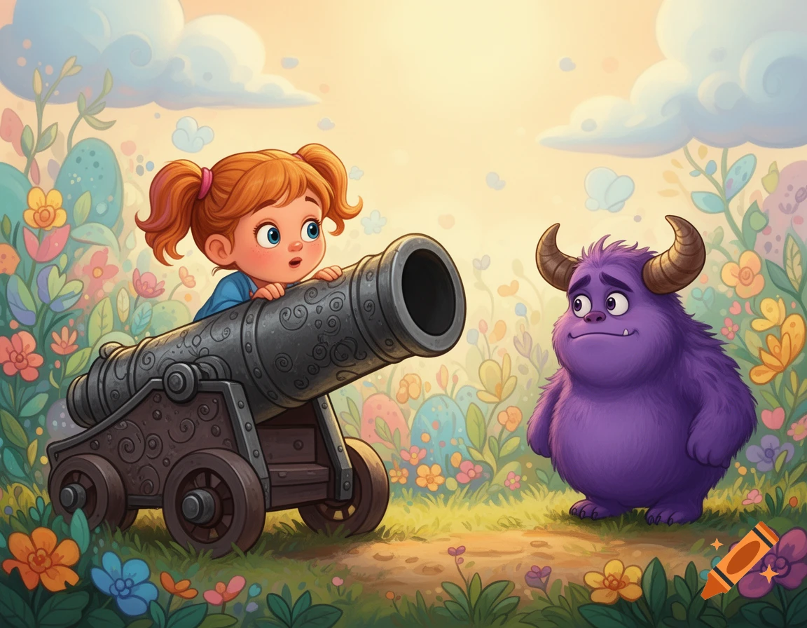 A curious cartoon girl with pigtails peeks from a vintage cannon pointed at a sad purple furry monster in a colorful, flowery landscape.