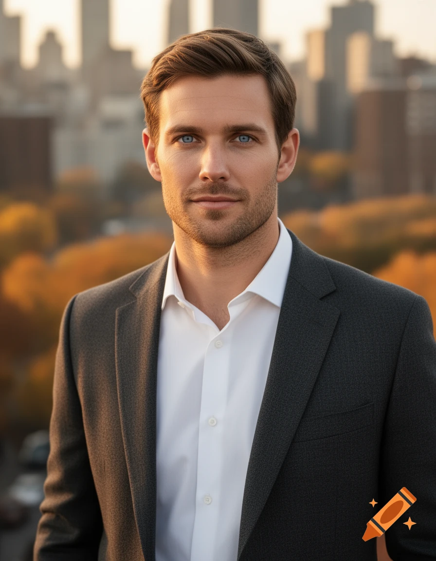Photorealistic portrait of a handsome man in a dark suit and white shirt, with blue eyes, against a blurred city skyline at golden hour.