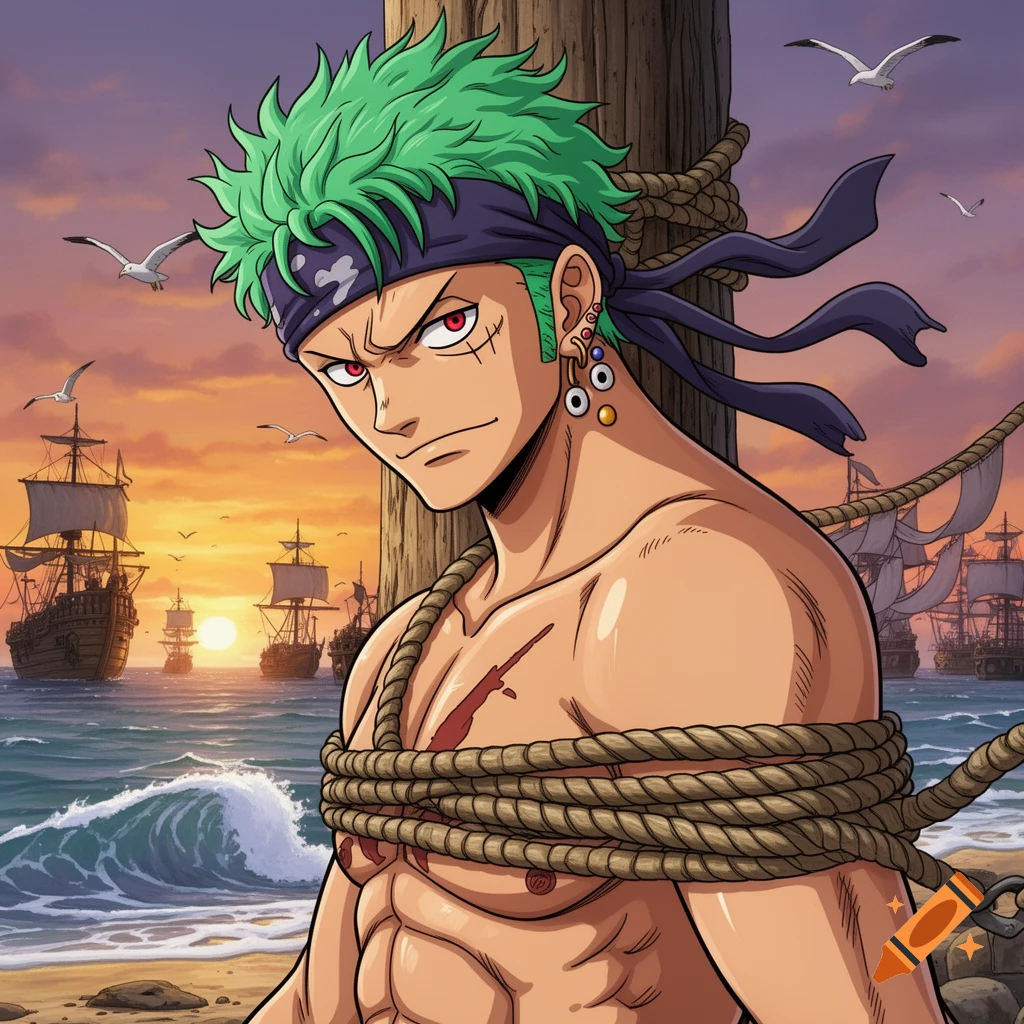 Anime character Zoro with green hair and a bandana, tied to a wooden post on a beach with ropes, looking determined. Pirate ships sail in the sunset background.
