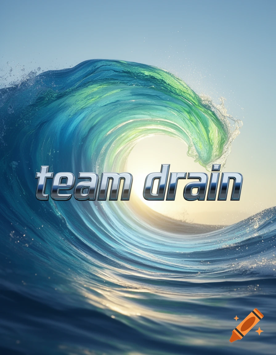 Metallic text 'team drain' superimposed over a large, curling blue and green ocean wave at sunset.