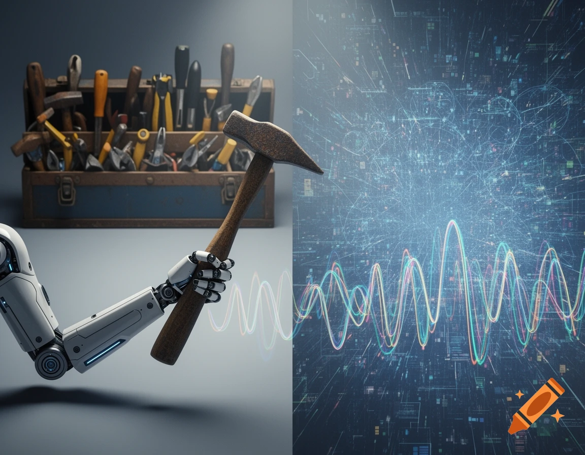A robot arm holds a hammer, with a toolbox in the background, juxtaposed against a background of digital data and colorful waveforms.