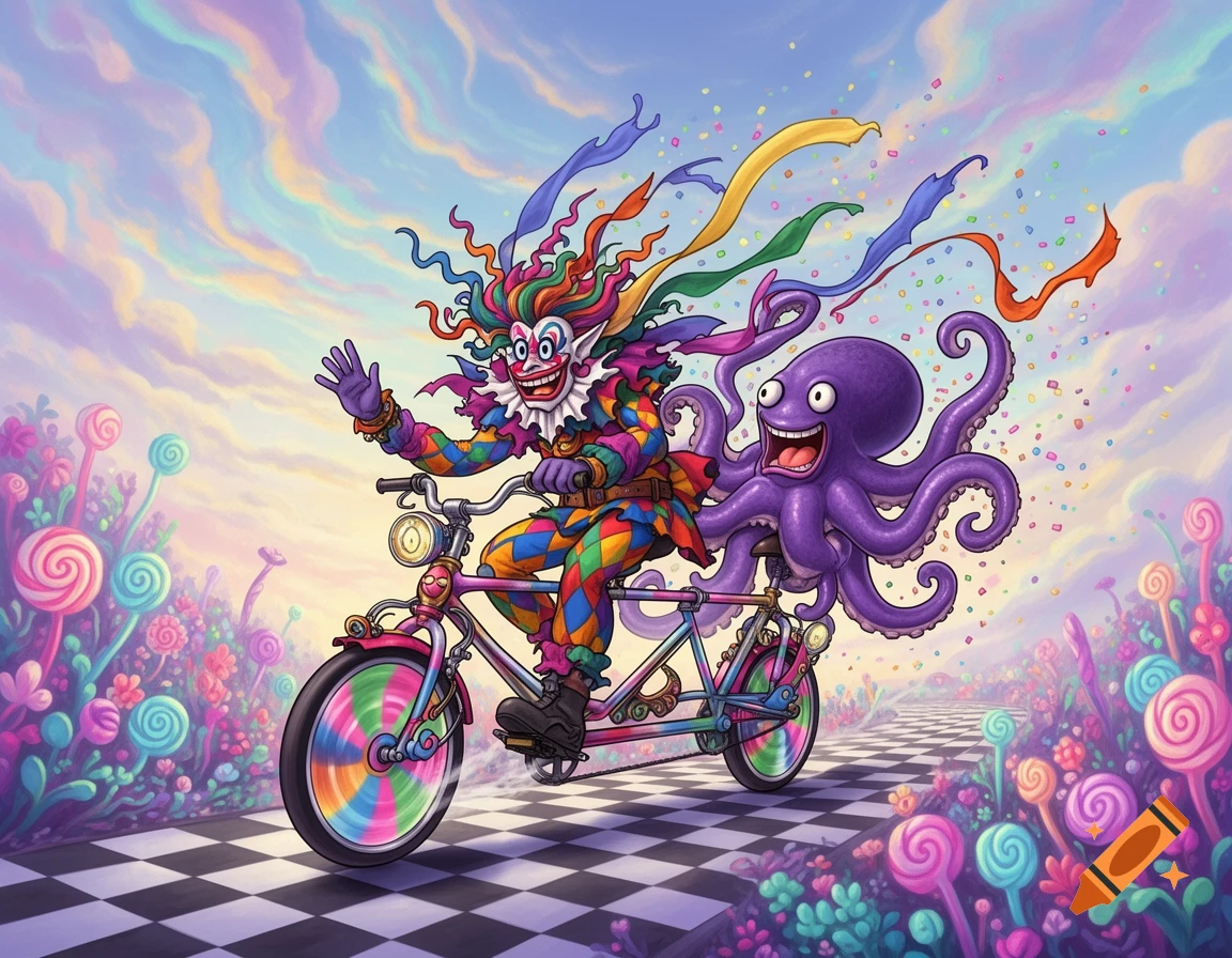A vibrant illustration of a colorful clown and a purple octopus joyfully riding a tandem bike on a checkered path in a candy land.