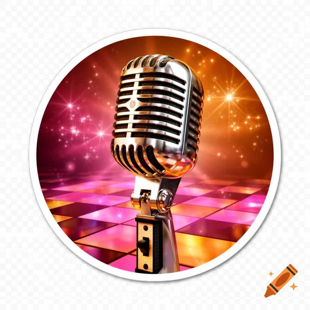 A round sticker featuring a chrome vintage microphone on a pink, orange, and gold disco checkerboard floor with sparkling lights.
