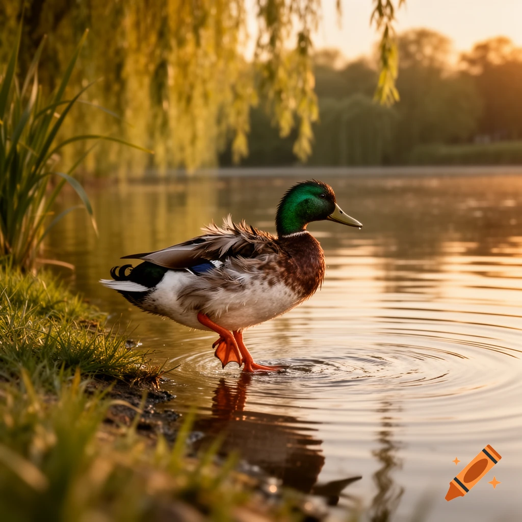 A mallard duck stands at the edge of a calm pond with golden light reflecting on the water and trees at sunset.