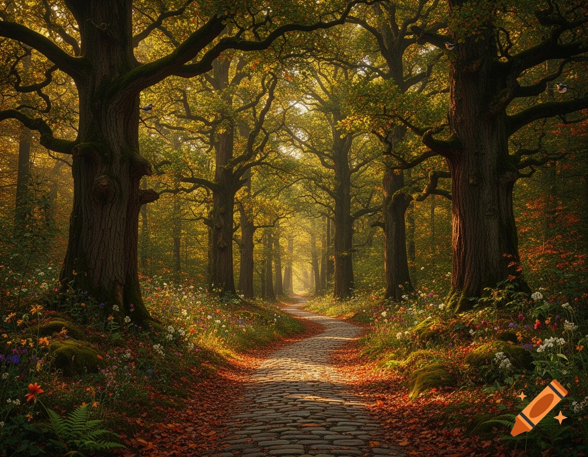 A sunlit, photorealistic view of a winding cobblestone path through a dense forest with large trees and colorful wildflowers.