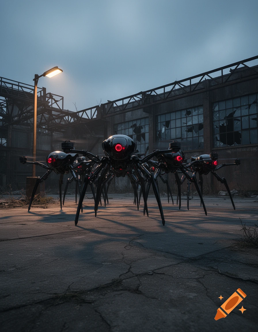 Photorealistic image of multiple black robotic spiders with glowing red eyes on cracked pavement in front of an abandoned industrial building at dusk.