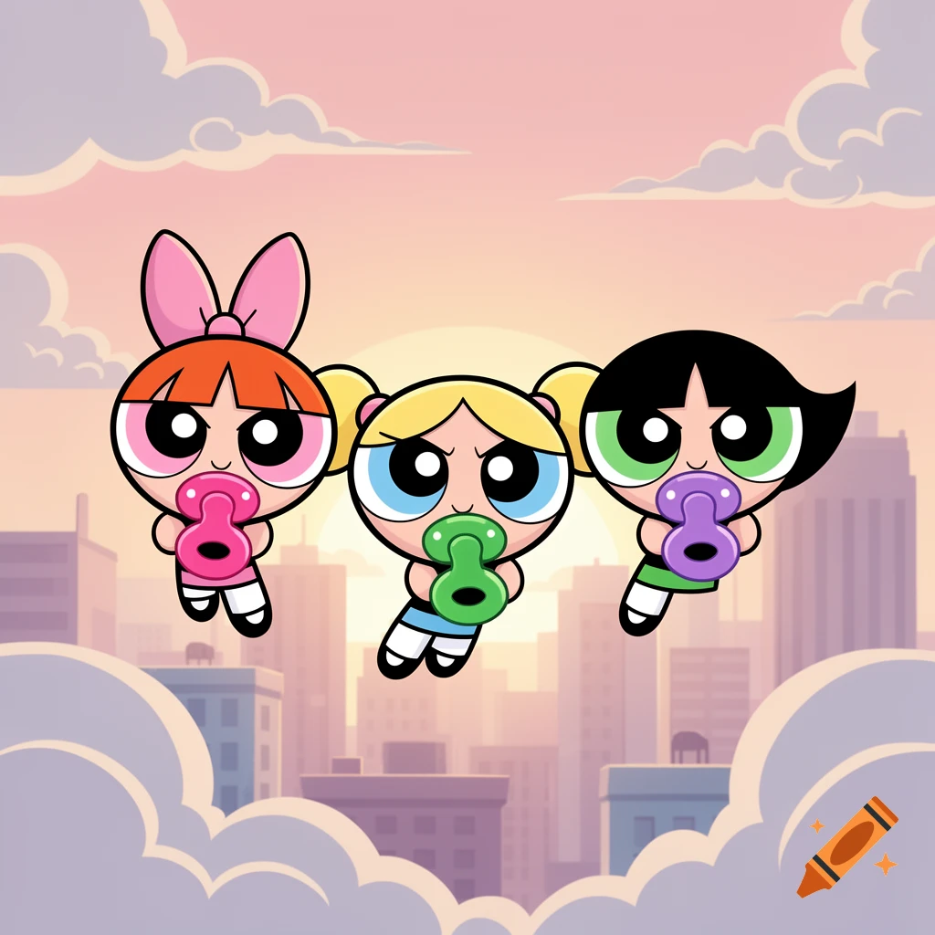 The Powerpuff Girls Blossom, Bubbles, and Buttercup as babies, floating above a city at sunset, each with a pacifier.