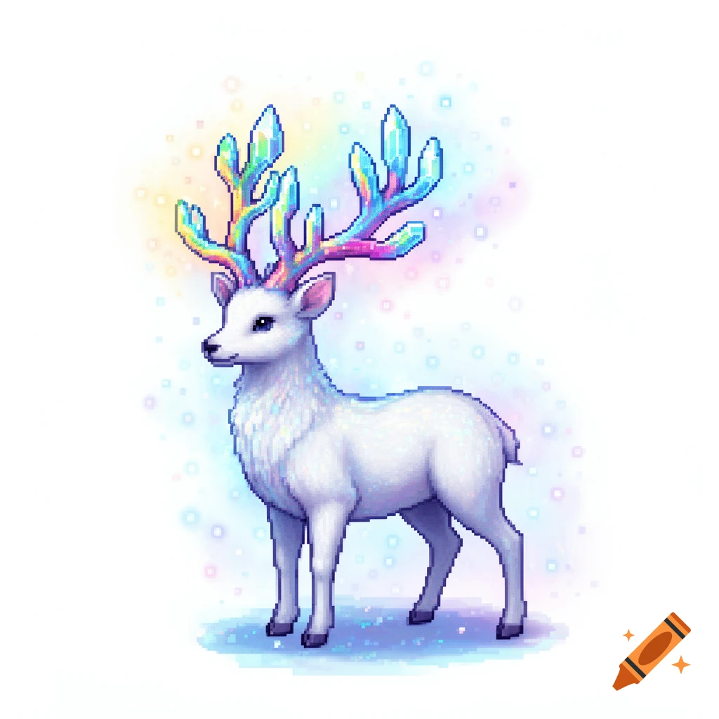 A 16-bit pixel art white deer with glowing, rainbow crystal antlers, standing in a side view on a white background with magical aura particles.