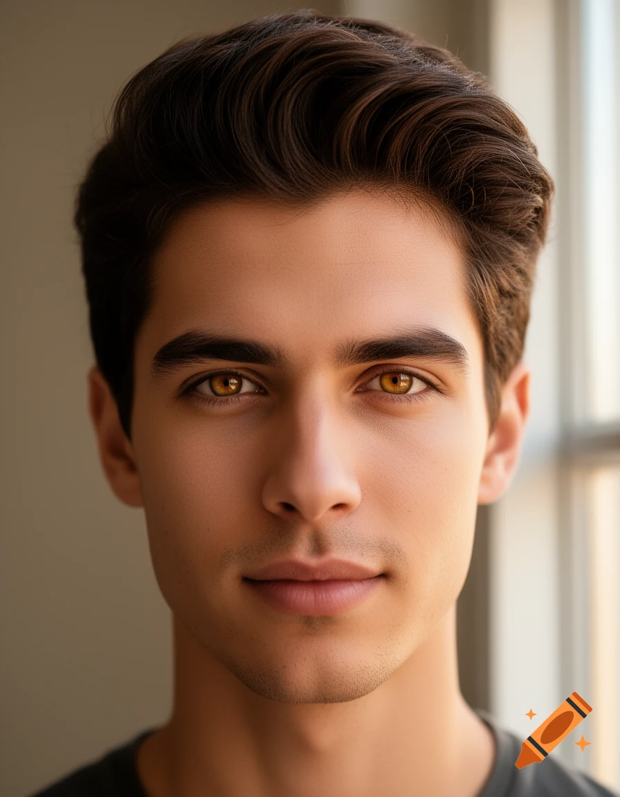 Close-up photorealistic portrait of a young man with dark brown hair and striking amber eyes.