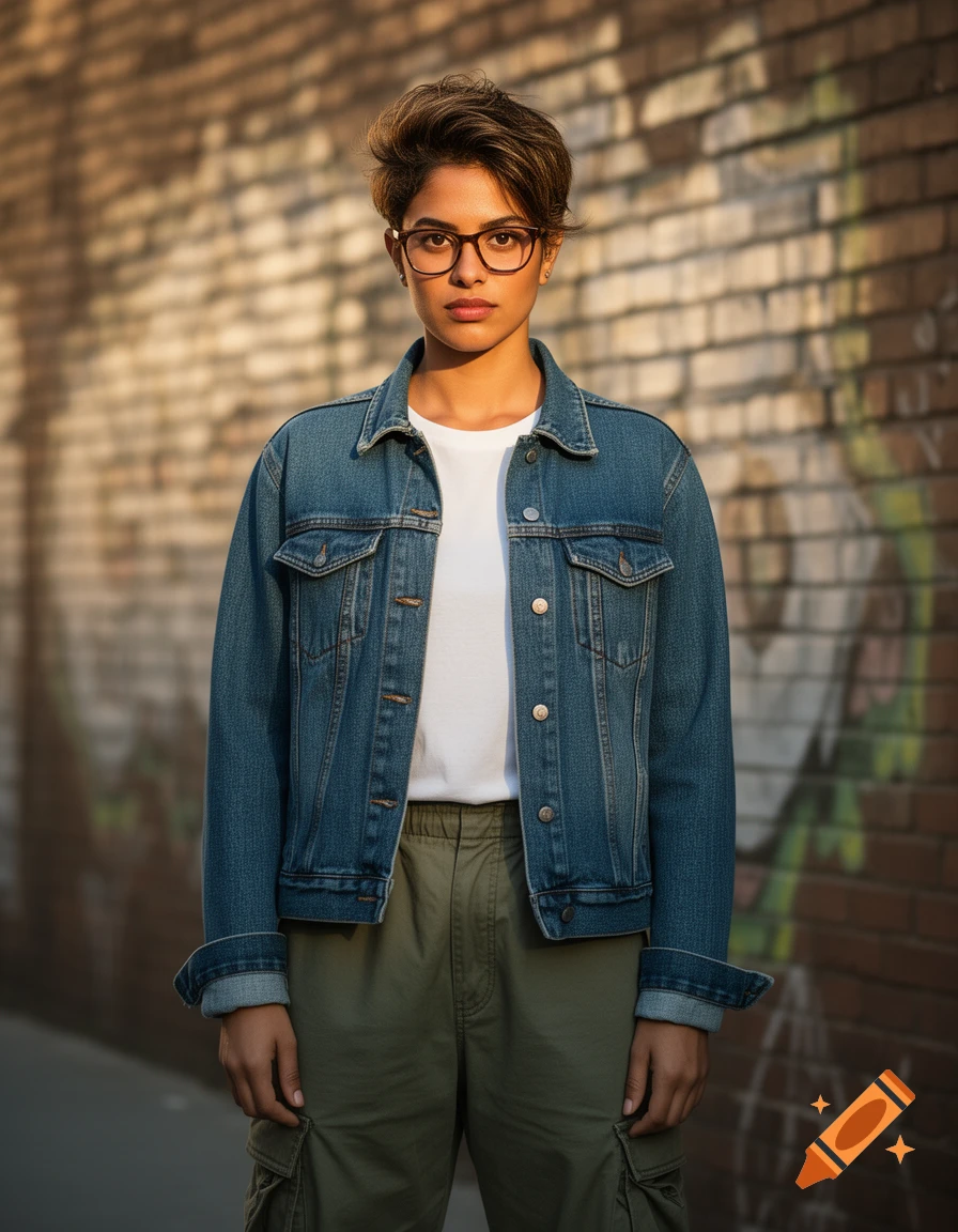 A young woman with short brown hair, glasses, and a denim jacket stands looking at the camera against a brick wall.