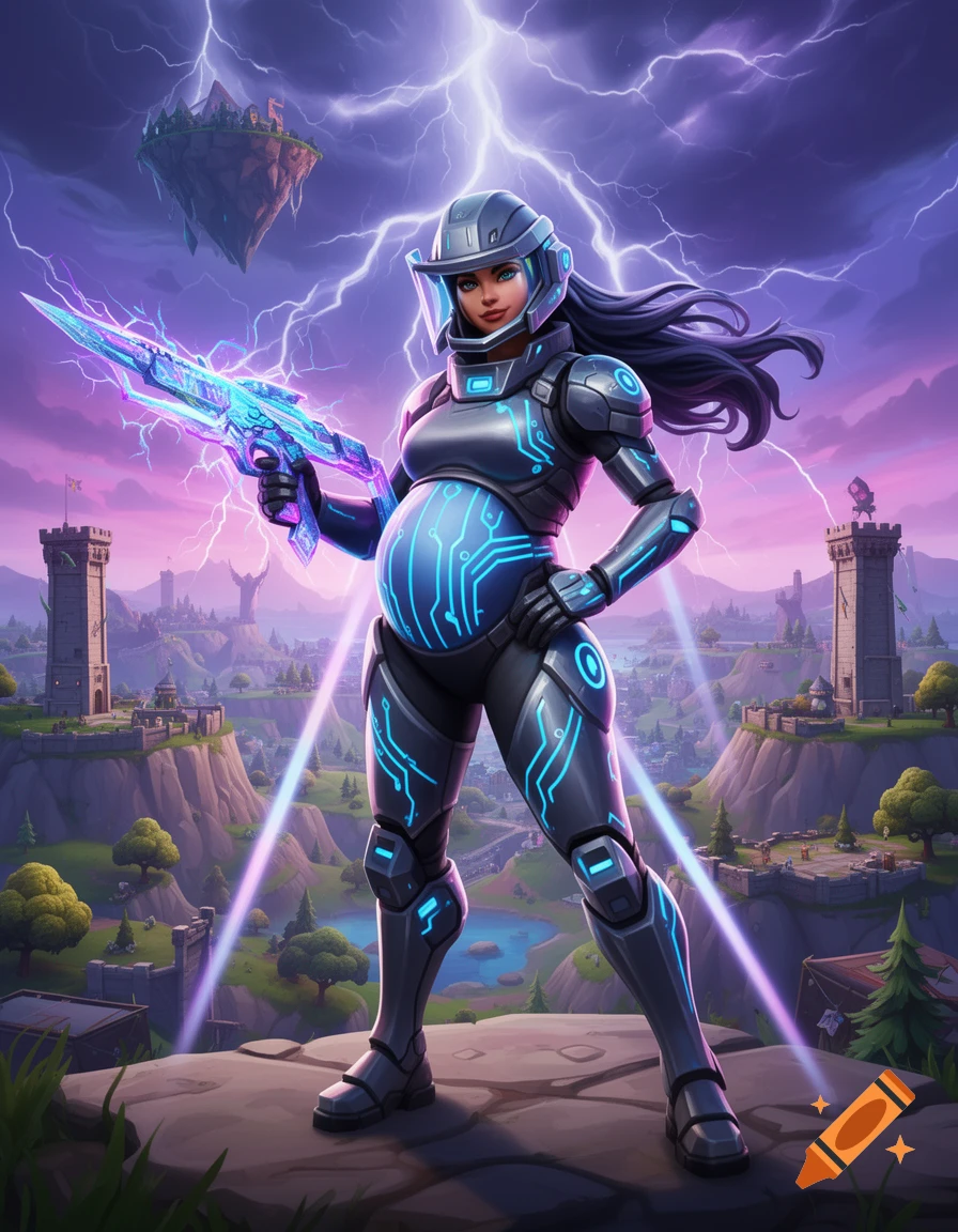 A pregnant woman in futuristic armor holds a glowing sci-fi rifle, overlooking a fantasy landscape with castles and lightning.