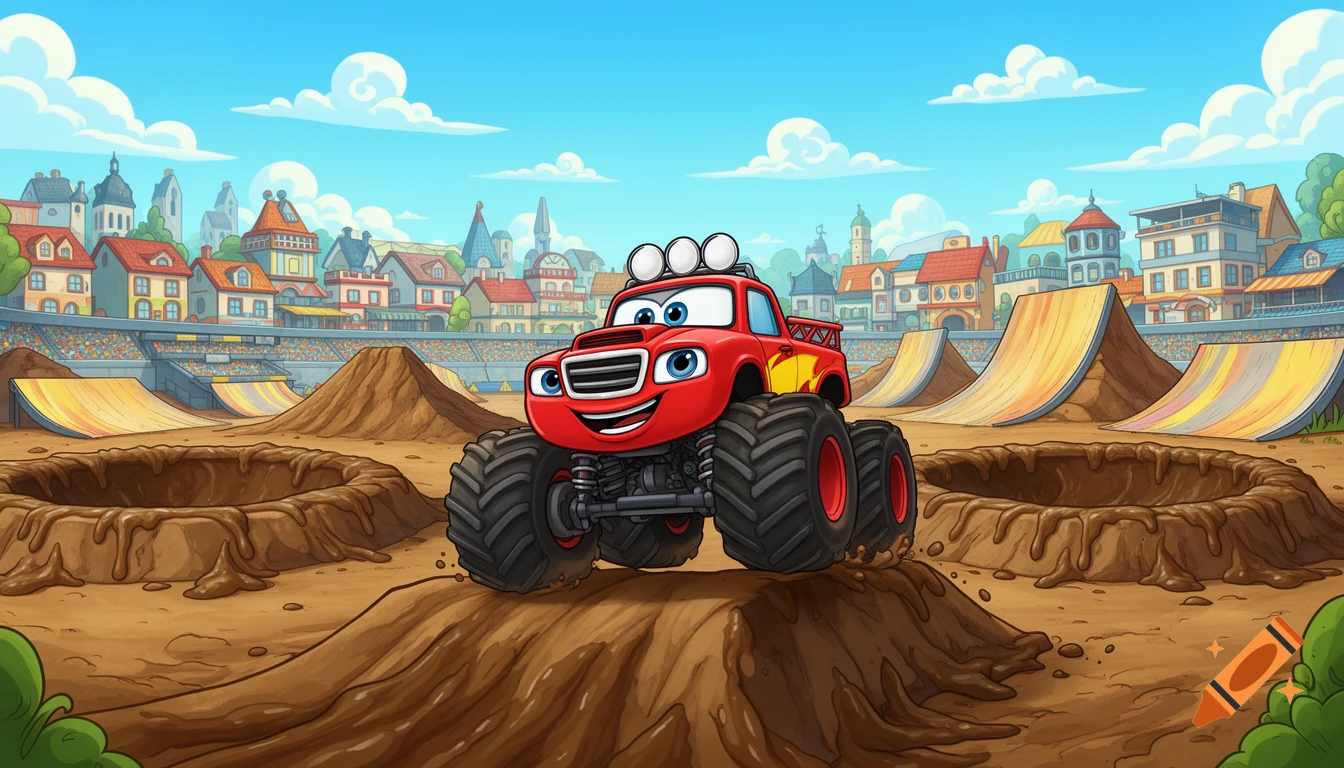 A smiling red cartoon monster truck on a dirt ramp in an arena, with a colorful town and blue sky in the background.