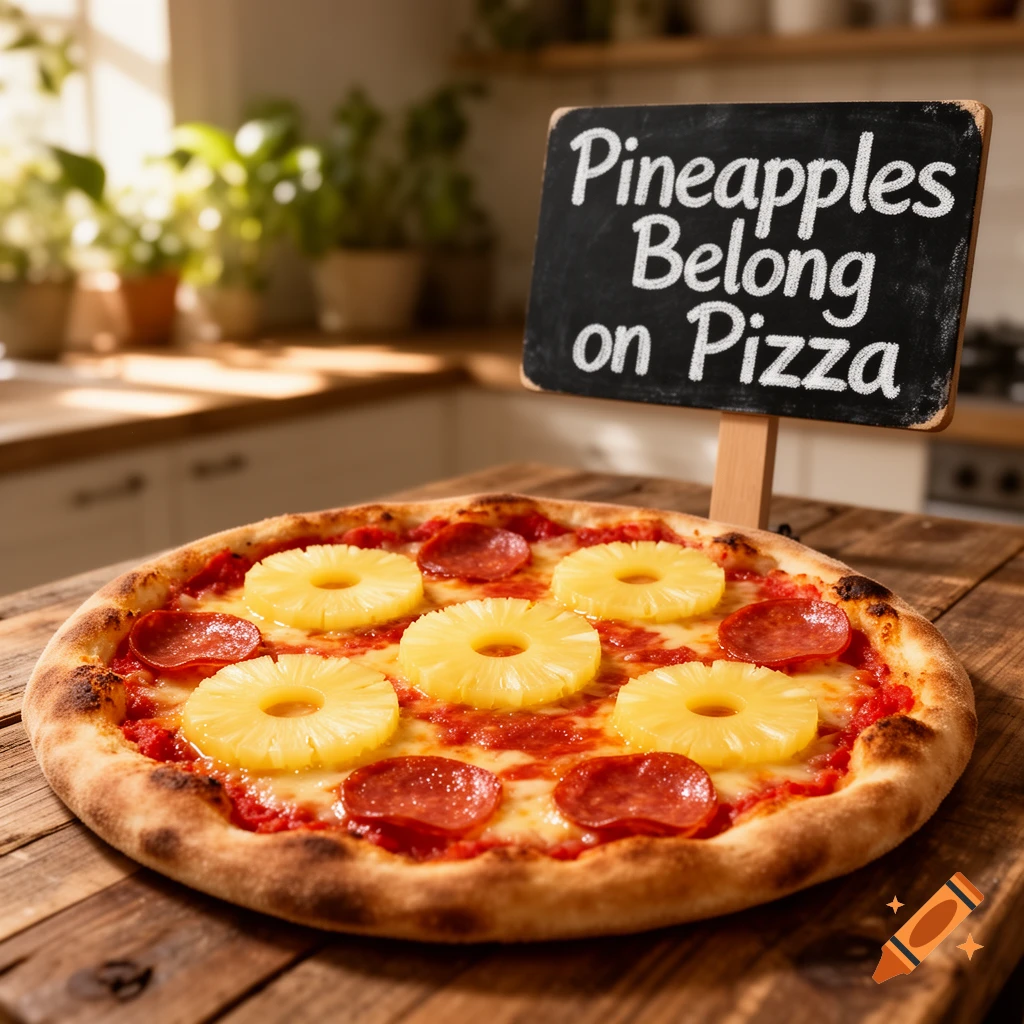 A photorealistic pizza with pineapple and pepperoni on a wooden table, with a chalkboard sign stating 'Pineapples Belong on Pizza' in a kitchen setting.