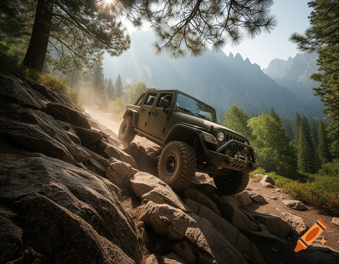 A green Jeep climbs a steep, rocky trail in a sun-drenched mountain forest, photorealistic.