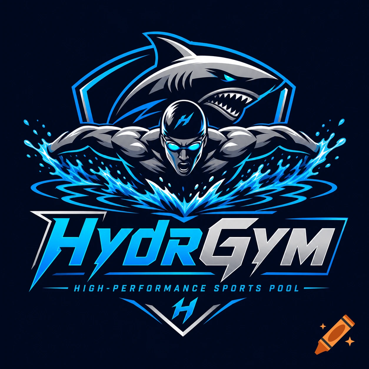 Dynamic athletic logo for HydrGYM, featuring a swimmer and shark breaking through neon blue water with text 'HIGH-PERFORMANCE SPORTS POOL'.