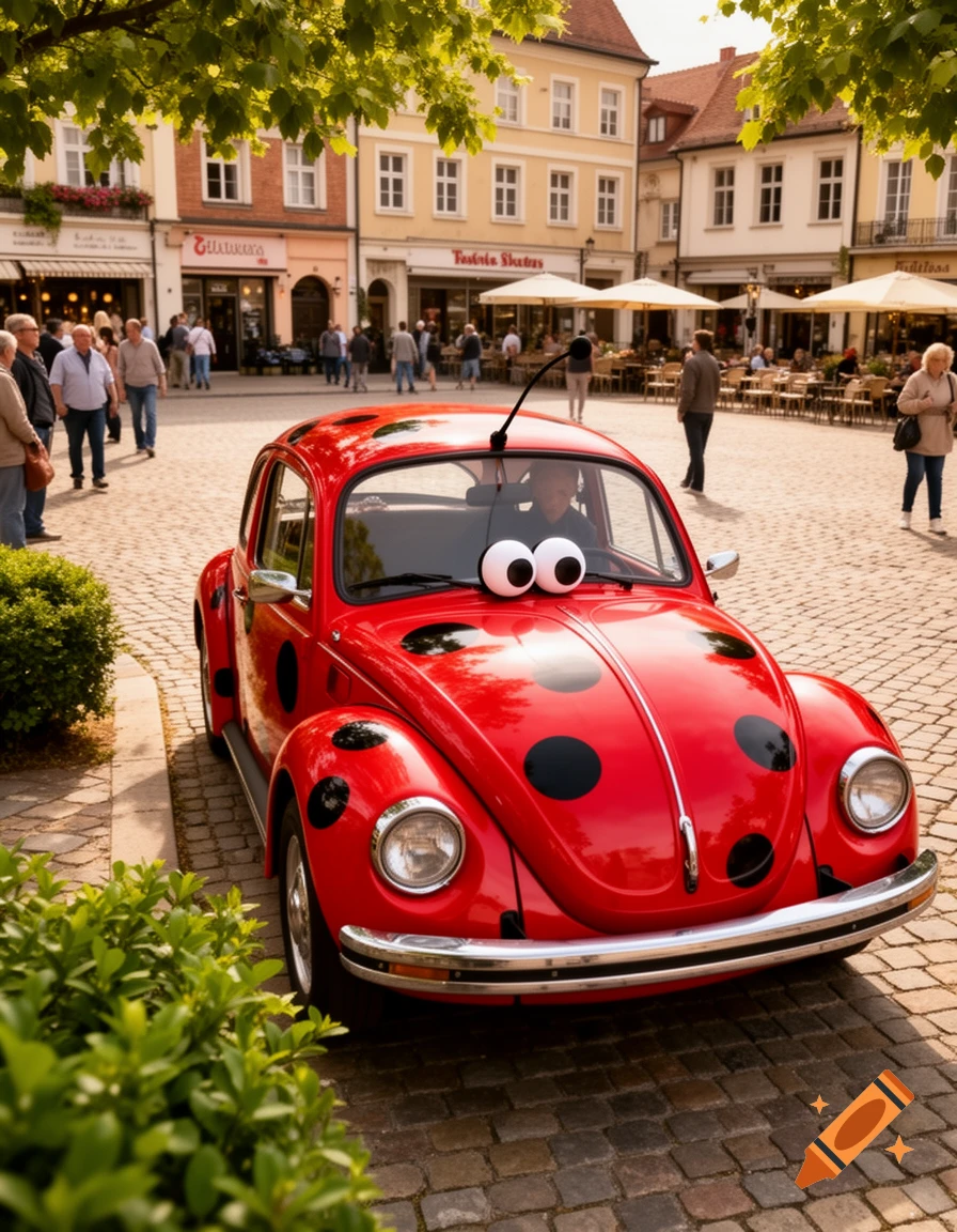 A red Volkswagen Beetle car, decorated like a ladybug with googly eyes, parked on a cobblestone street in a European town square.