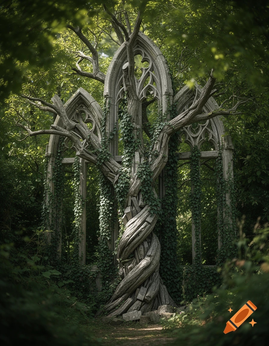Photorealistic image of a gothic-style tree sculpture made from stone window pieces, intertwined with ivy in a lush green forest.