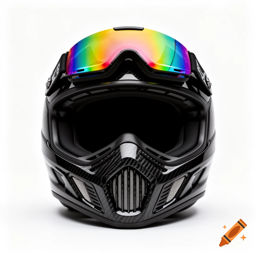 A black helmet with a carbon fiber pattern and iridescent rainbow goggles rests on a white background, viewed head-on.