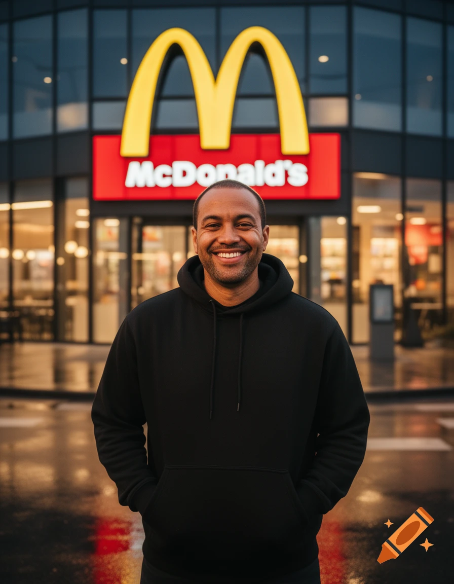 A smiling man in a black hoodie stands centered in front of a McDonald's restaurant at dusk, reflections on wet pavement.