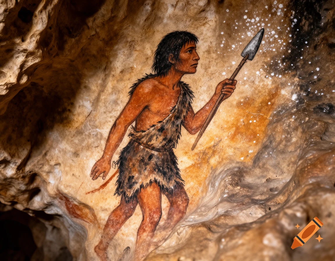 A stylized cave painting on a textured rock wall depicts a prehistoric human hunter holding a spear.