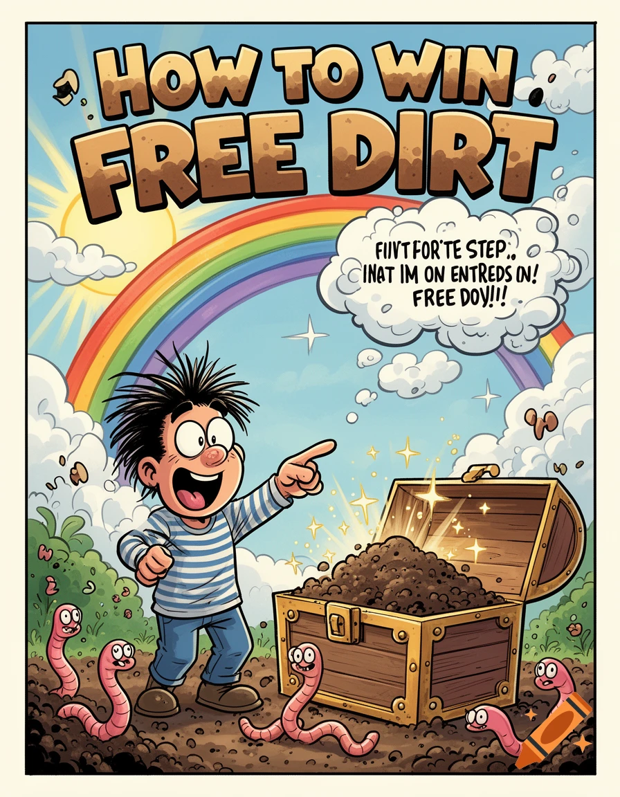 A cartoon poster titled "HOW TO WIN FREE DIRT" shows a smiling boy pointing at an open treasure chest overflowing with dirt and sparkling. Pink worms are around the chest, with a rainbow and sun in the background.