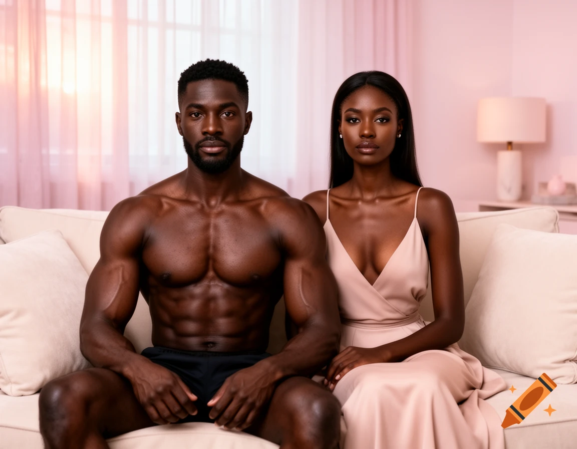 A muscular Black man without a shirt and a beautiful Black woman in a light pink dress sit on a beige couch, both looking forward.