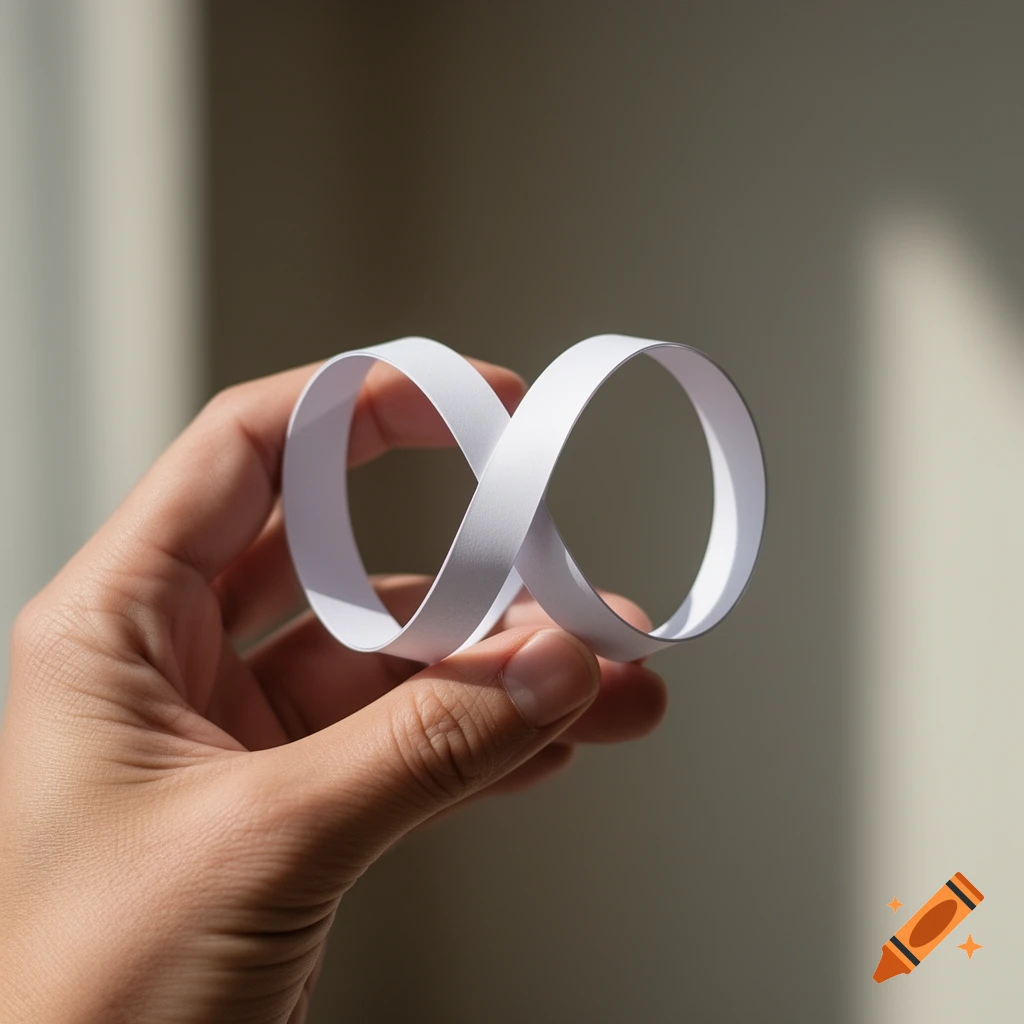 A hand holds a white Mobius strip against a blurred background with sunlight.