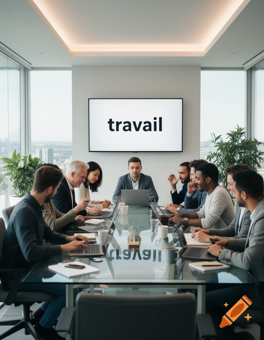 Diverse professionals hold a business meeting in a modern office, gathered around a table with laptops, a screen displays 'travail'.