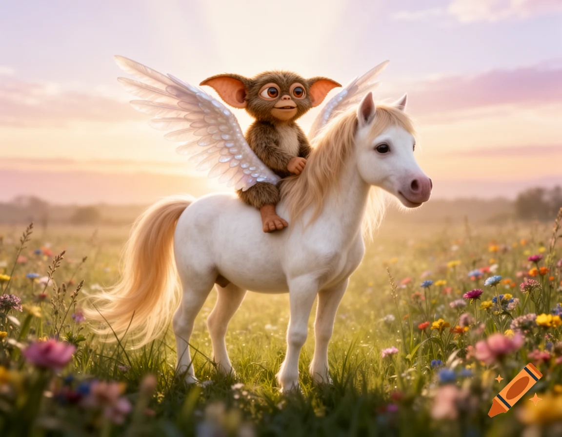 A furry, big-eyed creature with wings riding a white miniature pegasus through a field of wildflowers at sunset.