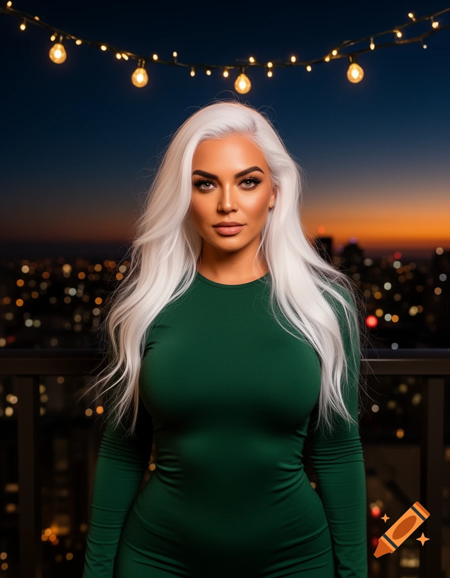Photorealistic portrait of a woman with long white hair in a green dress, on a balcony with a city skyline at sunset.