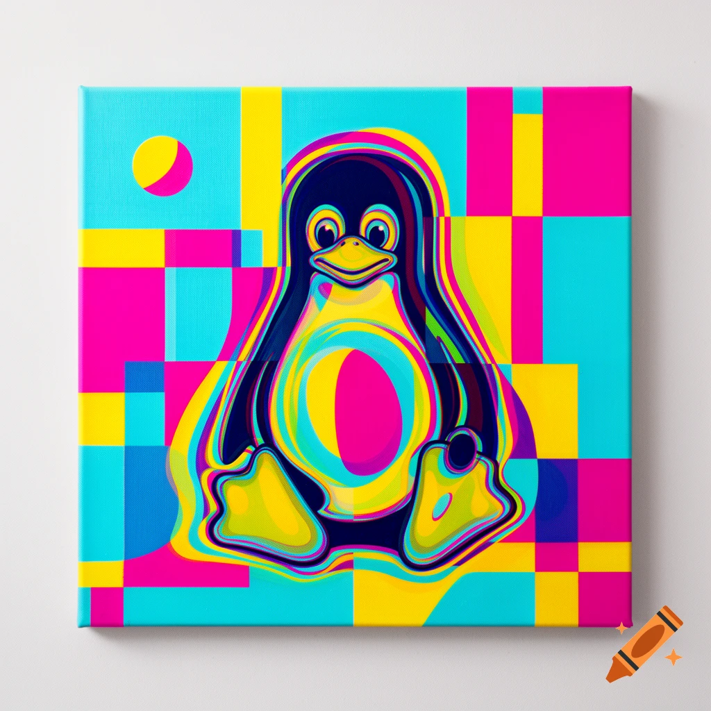 Vibrant abstract pop art of Tux the Linux penguin with an optical illusion effect, on a geometric patterned background.