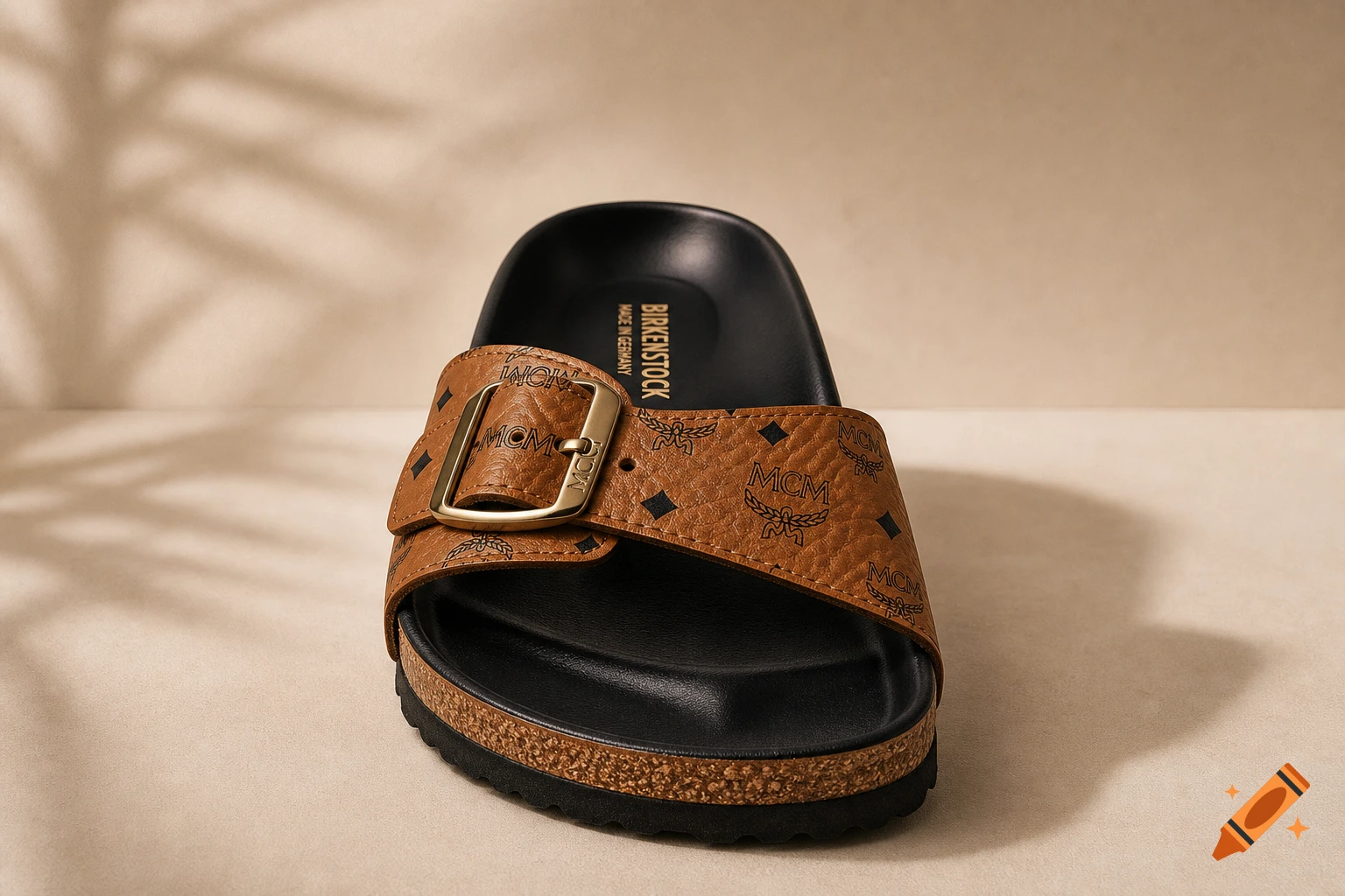 A close-up, front view of a brown leather Birkenstock sandal with an MCM logo pattern, black insole, and a gold buckle, on a light background with plant shadows.