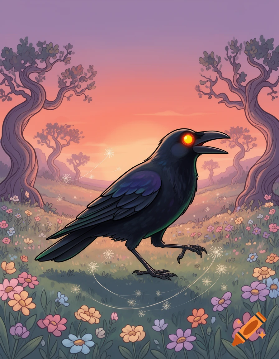 A cartoon black crow with glowing orange eyes stands in a field of colorful flowers under a sunset sky with stylized trees.