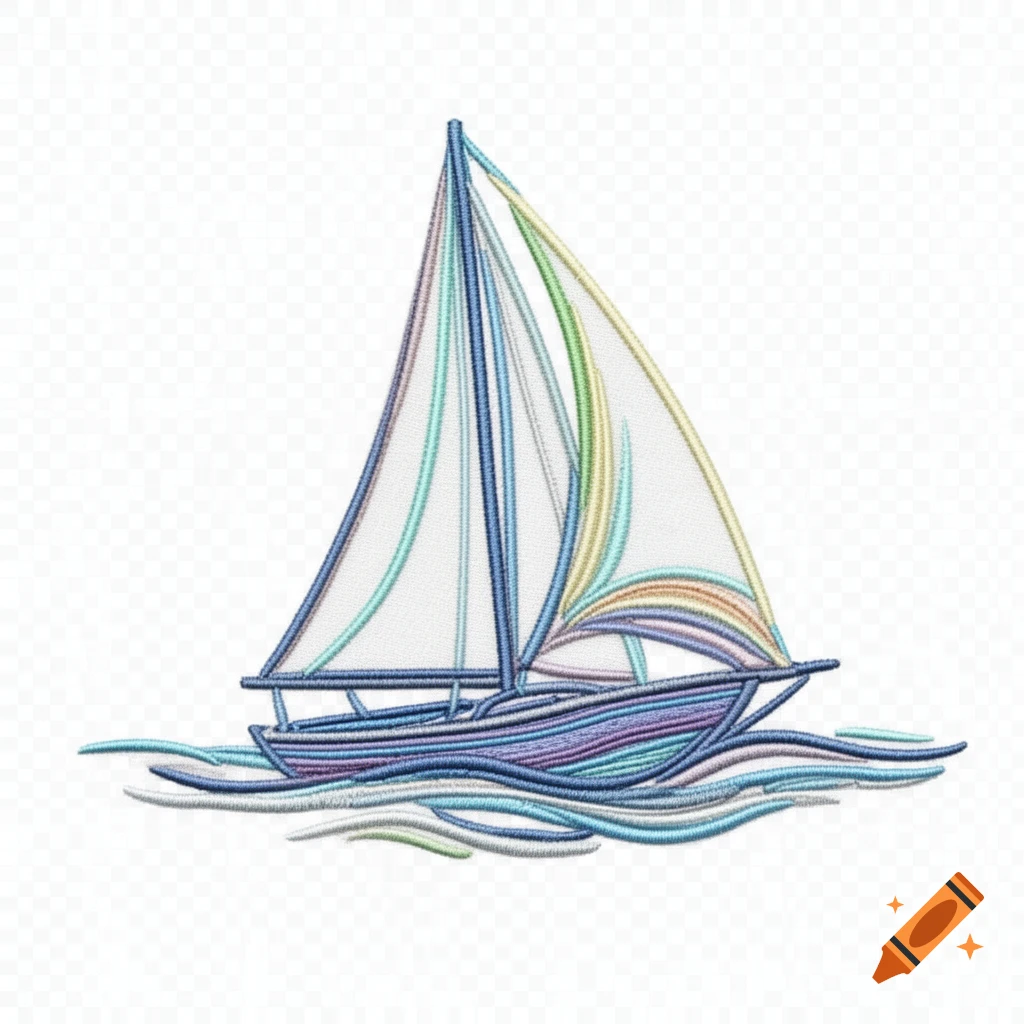 Embroidered illustration of a colorful sailboat with a white sail on blue stylized waves, on a transparent background.