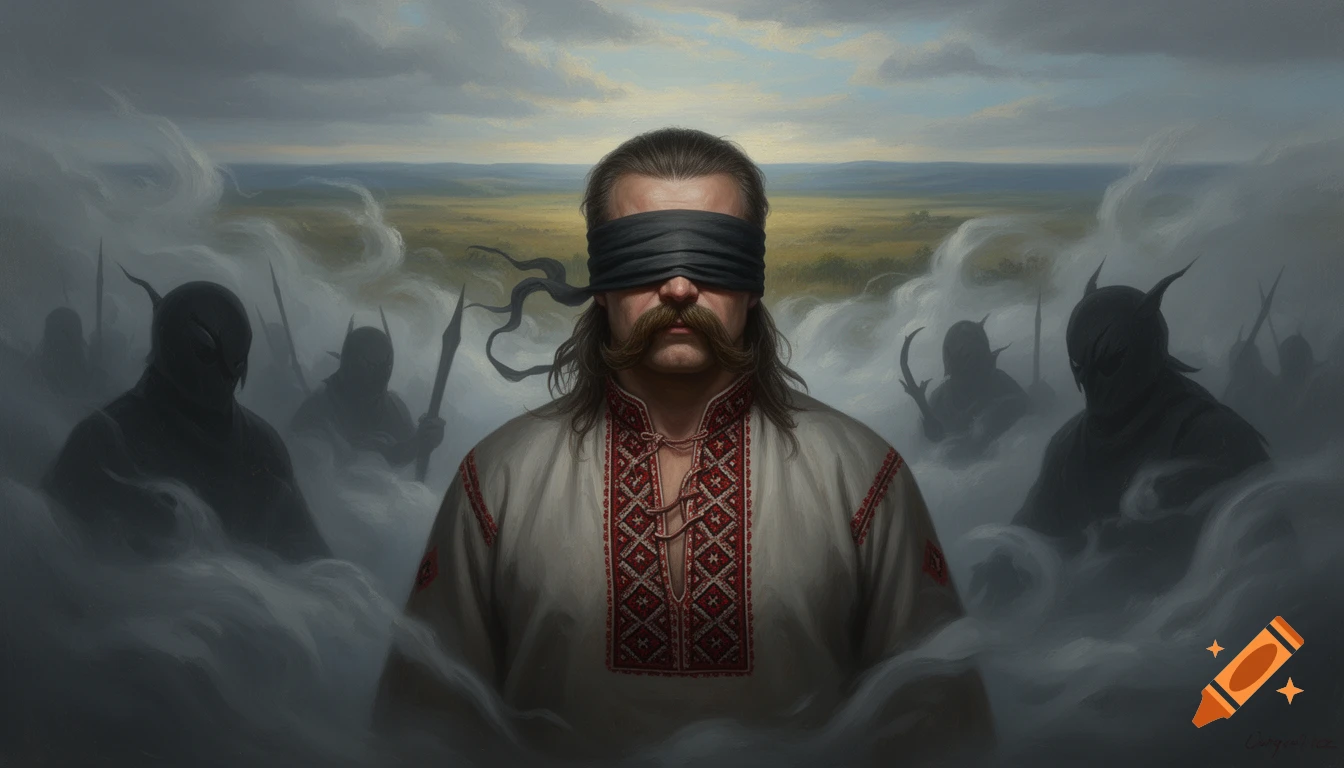 Blindfolded Kozak warrior with a mustache in a folk shirt stands in mystical fog on a steppe, surrounded by shadowy enemies.