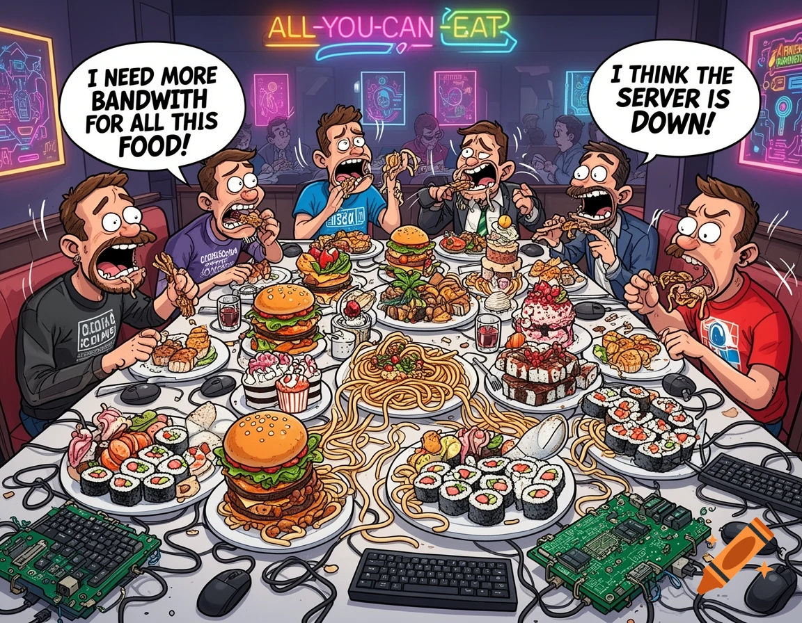 A cartoon depicts several IT guys gorging themselves at an all-you-can-eat buffet, surrounded by plates of food and computer parts.