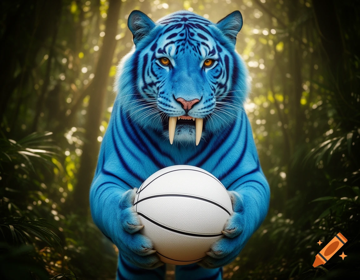 A blue saber-tooth tiger with orange eyes stands in a lush jungle, holding a white basketball.