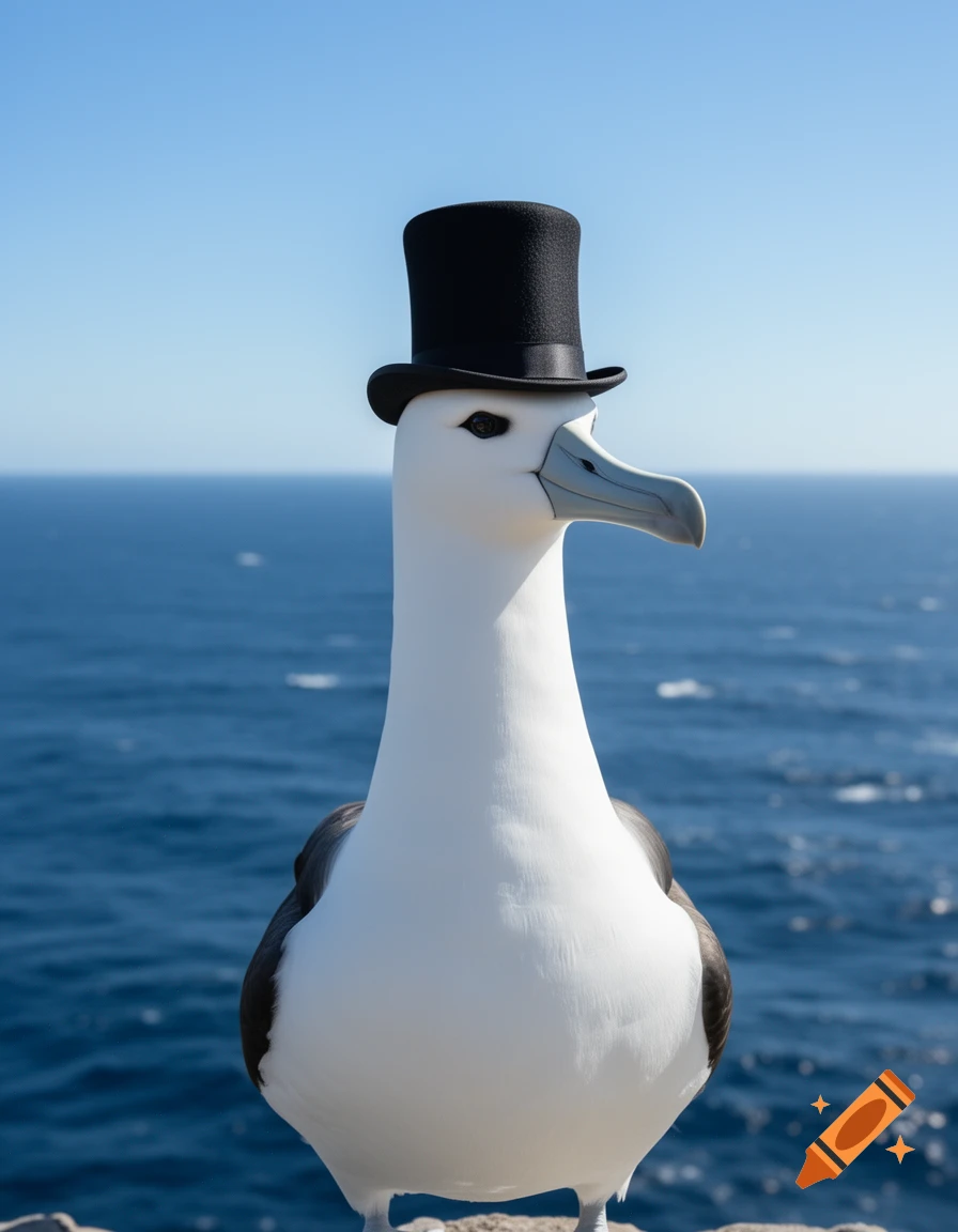 A photorealistic albatross wearing a black top hat, looking right, with a vast blue ocean and sky in the background.
