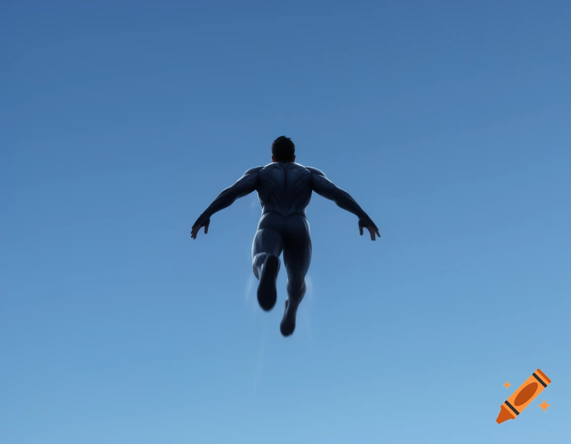 A muscular character in a dark suit flies upwards, seen from behind against a clear blue sky.
