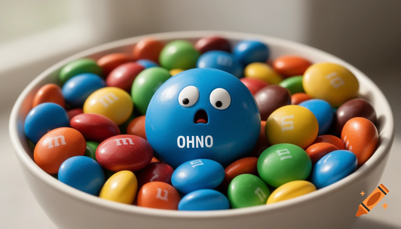 A photorealistic image of a blue M&M character with a surprised face and 'OHNO' on it, sitting in a bowl of colorful M&Ms.