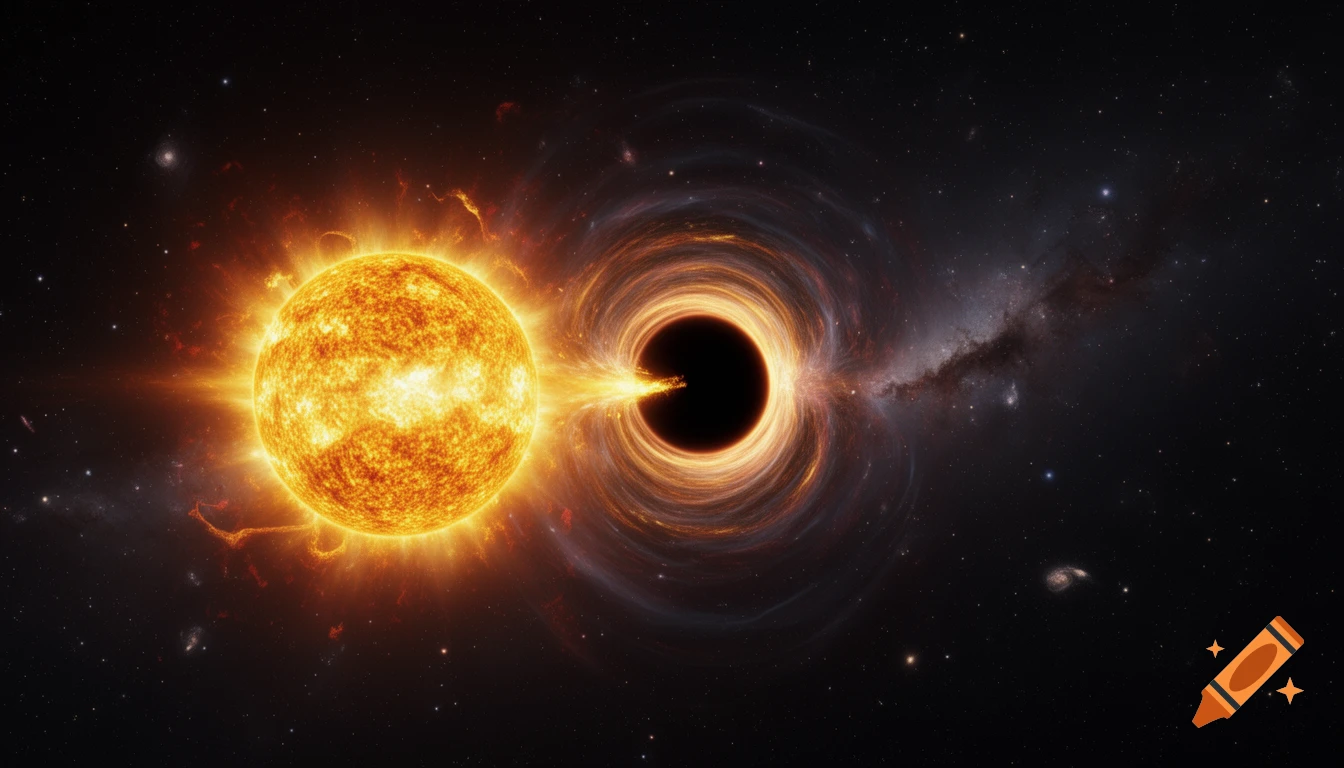 A vibrant orange sun next to a swirling black hole, pulling fiery plasma into its event horizon against a star-filled cosmos.