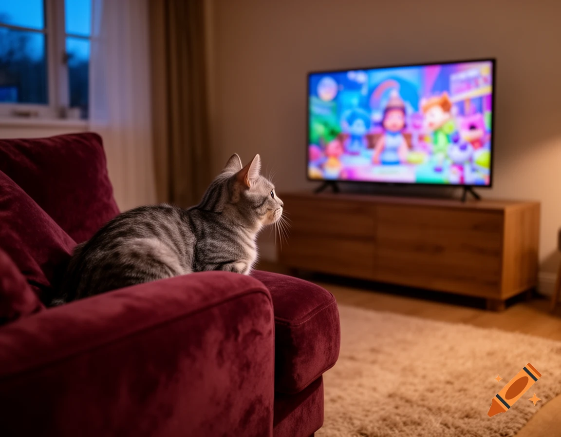 A tabby cat sits on a burgundy couch, looking intently at a colorful cartoon playing on a TV in a dimly lit living room.