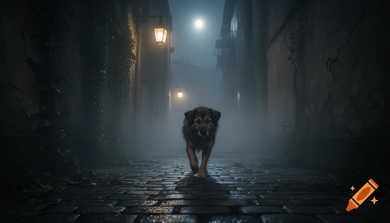 A small, furry dog walks through a dark, foggy alley on wet cobblestones at night, lit by street lamps and moonlight. Photorealistic.