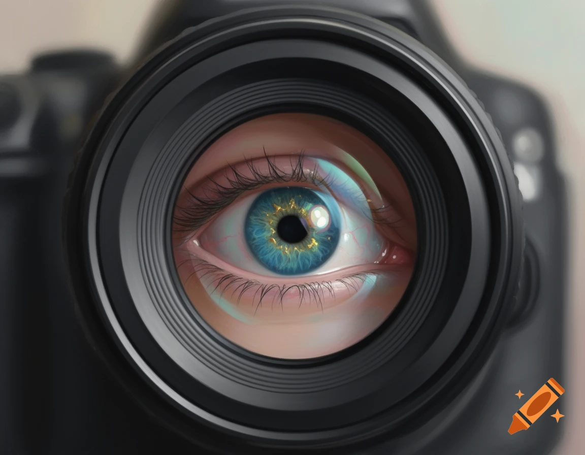 A vibrant blue and gold human eye with detailed eyelashes seen through a camera lens.