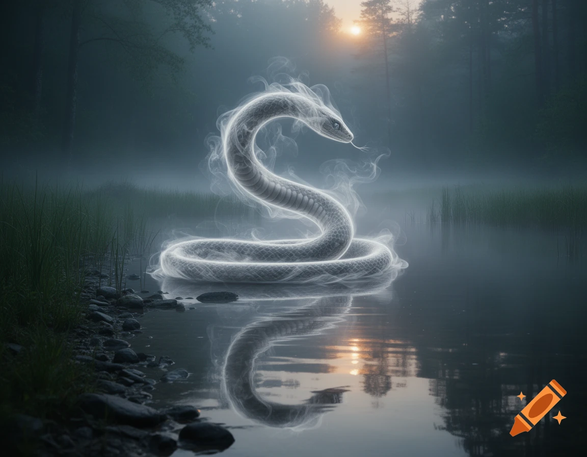A glowing, ethereal snake made of mist coils gracefully at the edge of a calm, misty lake, with trees and a sunrise in the background.
