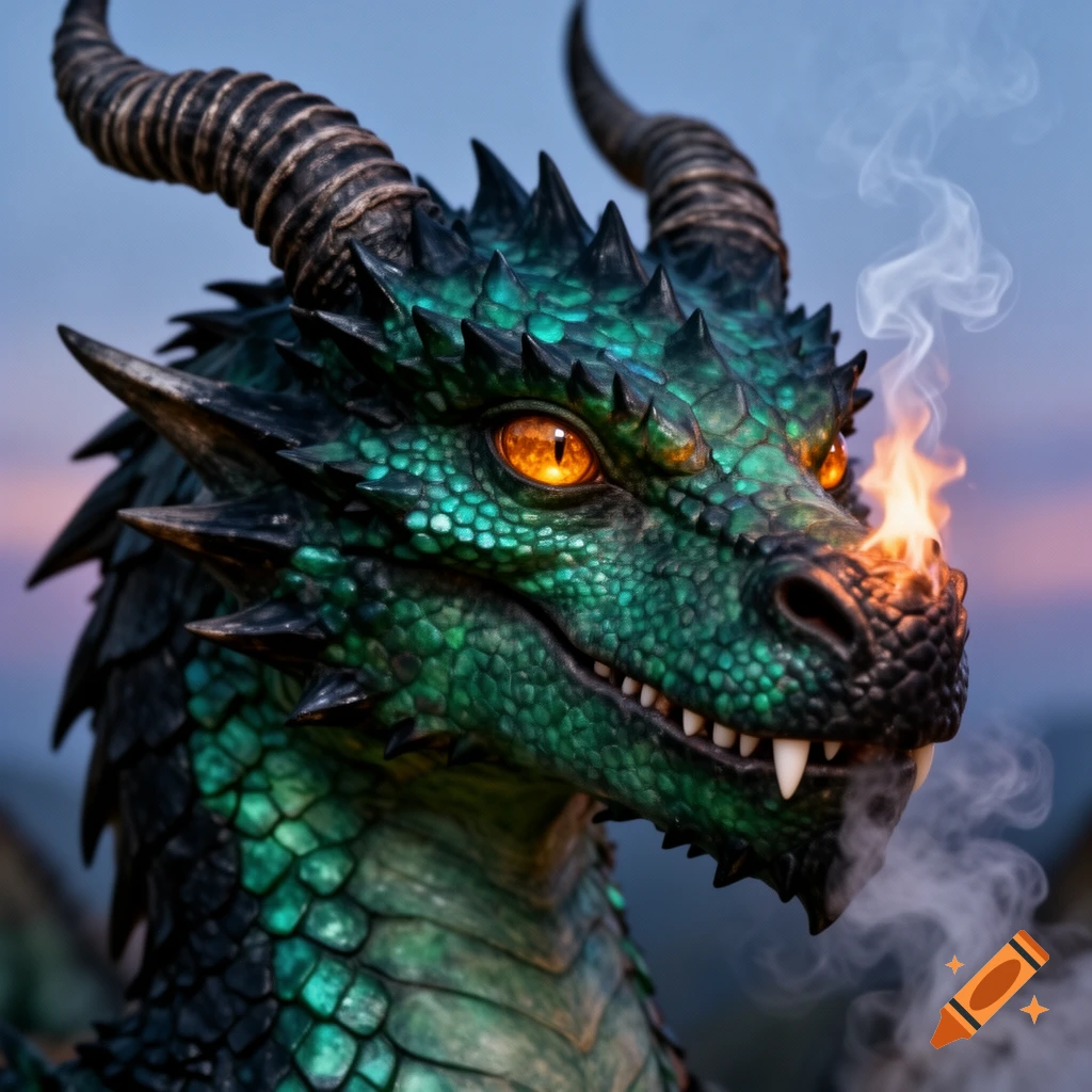 A close-up, photorealistic shot of a majestic green dragon's head with glowing orange eyes, breathing fire and smoke from its nostrils against a blurred sky.